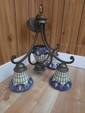 Tiffany & Co. Bronze 3-Light Pendant with Purple and Cream Stained Glass